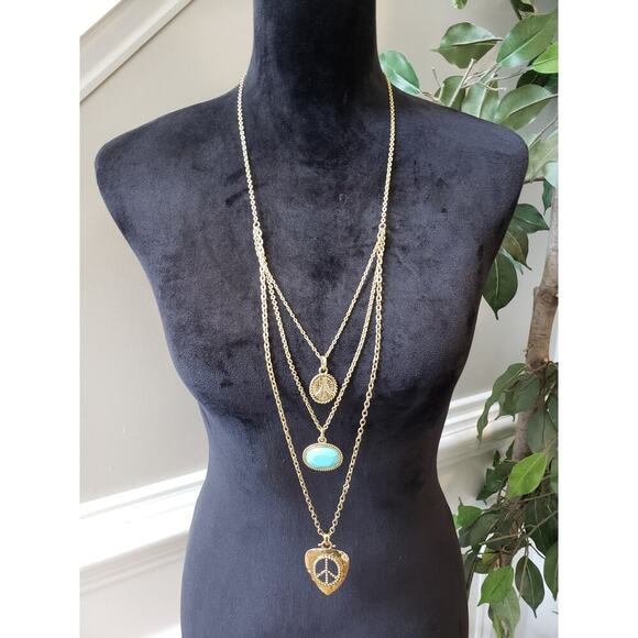 Women's Gold Tone Layered Necklace Lobster Clasp Turquoise Peace Charm Boho - Picture 1 of 4